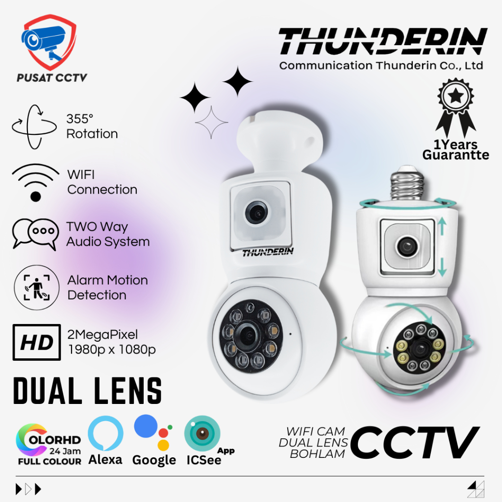 CAMERA CCTV WiFi Bohlam Dual Lensa Night Vision Audio 2 Arah Pantau dari HP Mudah Dipasang Thunderin