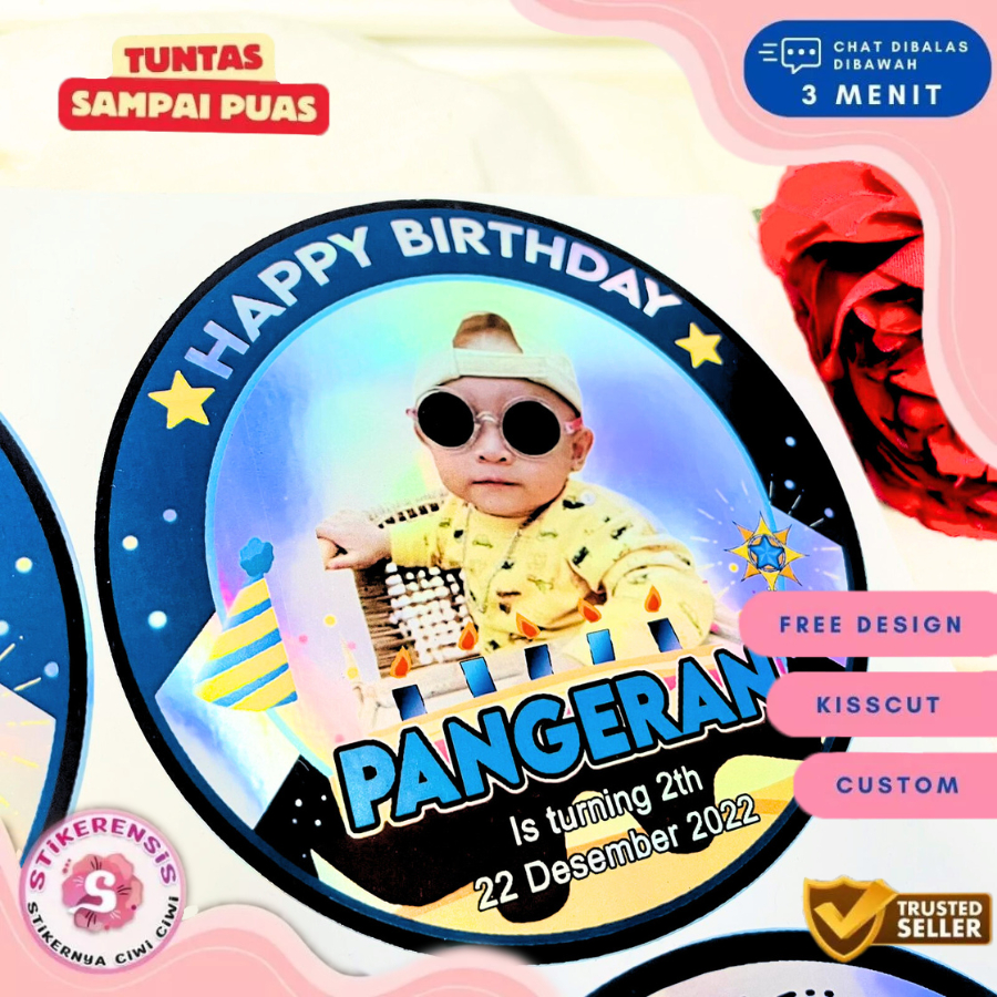 

5-8 Stiker Hologram Ulang Tahun Anak Sticker Label Undangan Happy Birthday Uk.Sedang Stikerensis