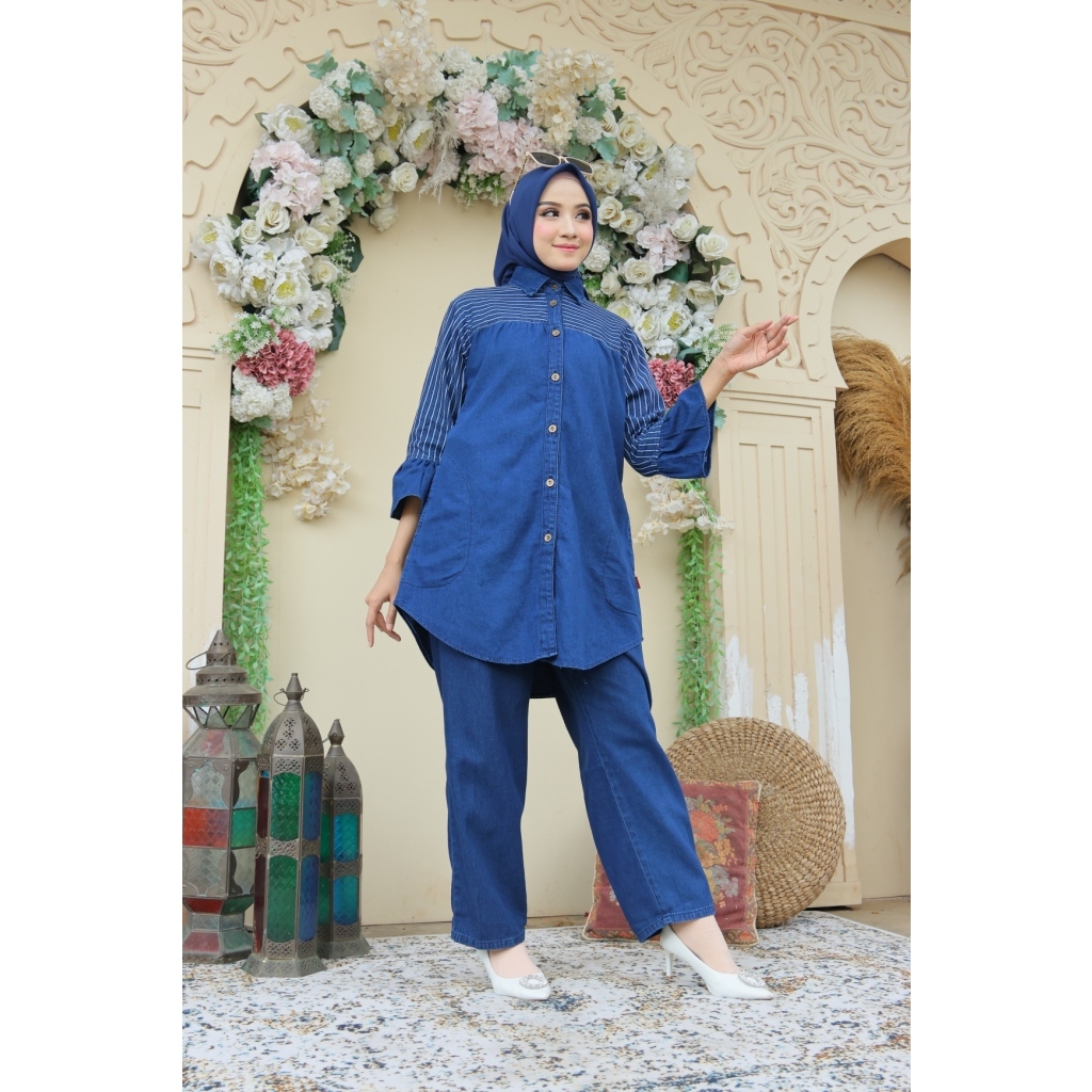 Lovilla fashion tunik pendek jeans kombinasi salur lengan 7/8 bahan jeans denim tersedia ukuran m,l,