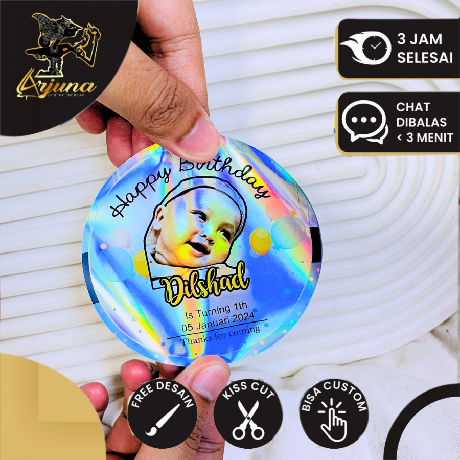 

5-8 Arjuna Stiker Hologram Ulang Tahun Anak Sticker Label Undangan Happy Birthday Uk.Sedang