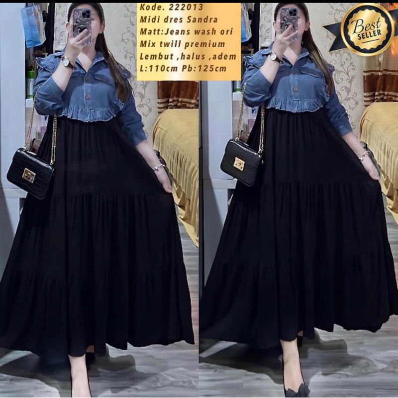 PROMO / BAHAN PREMIUM / Midi Dress Sandra Jeans Wash Kombinasi Twill Premium Gamis Dress