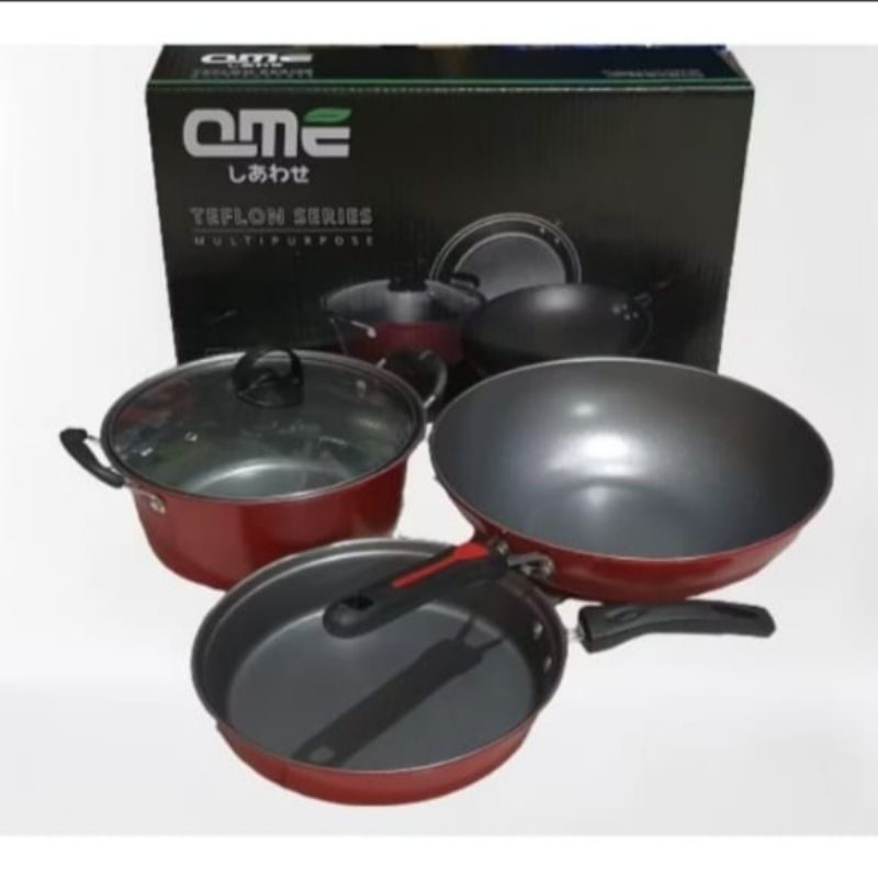 QME Panci Wajan Teflon Set Panci Teflon Penggorengan Set 3 Pcs