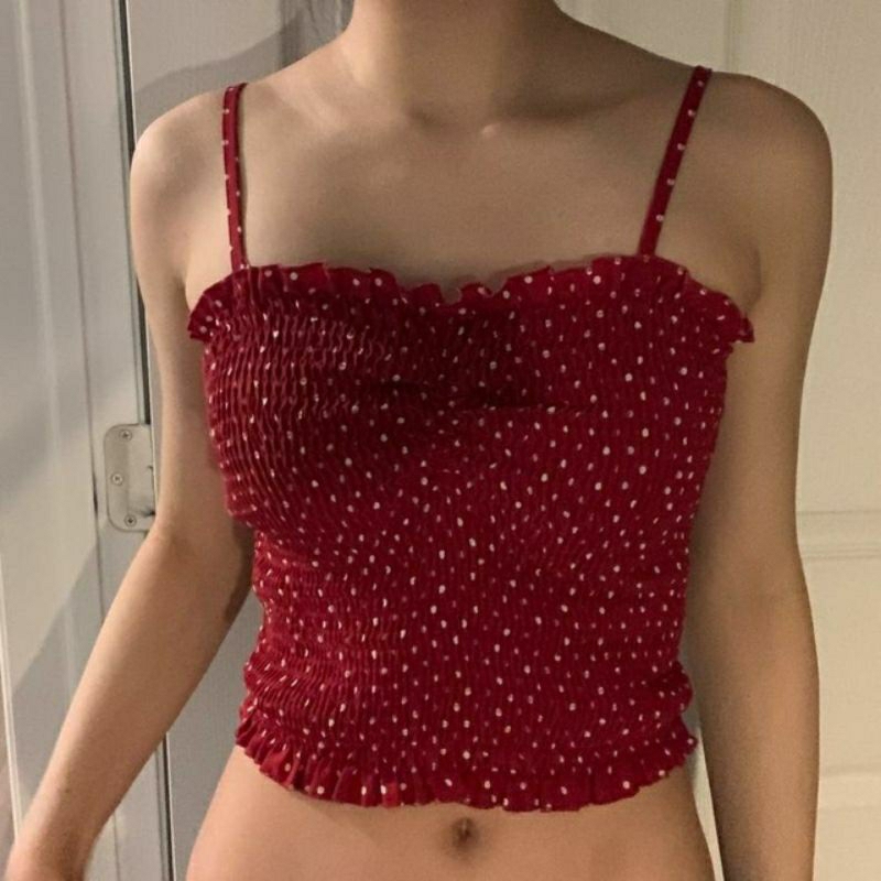 VEST TANKTOP CROP MERAH POLKADOT SMOCKED KOREA ORIGINAL
