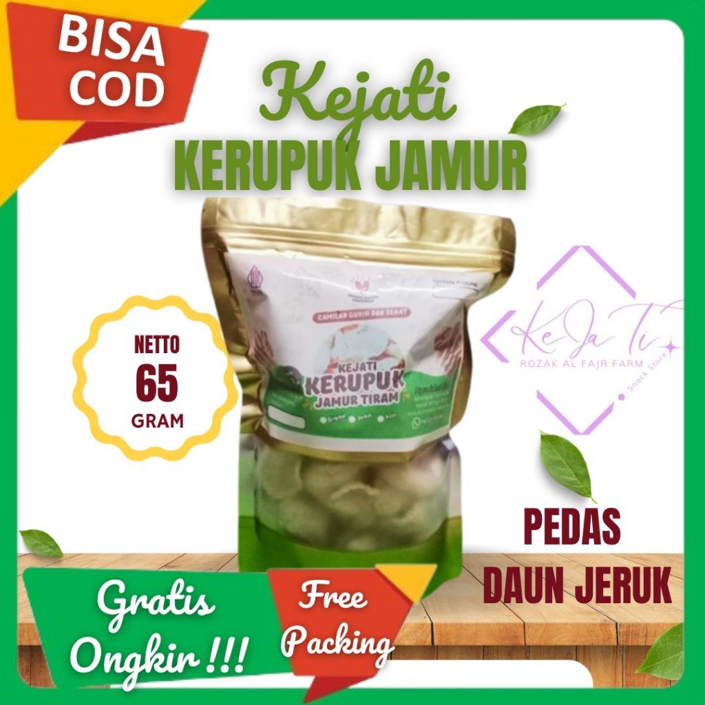 

Kerupuk Jamur Tiram Pedas Daun Jeruk Kemasan Standing Pouch berat 65 gram per pcs