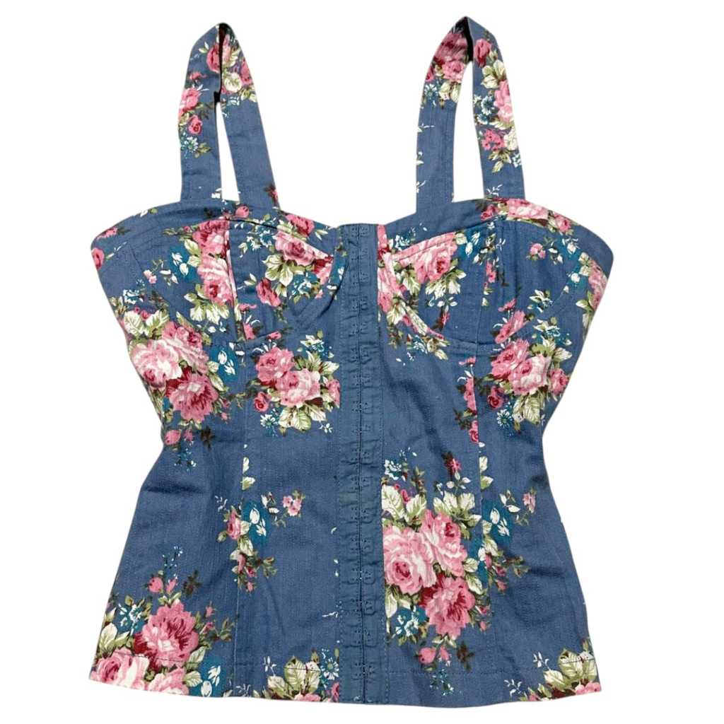 Bustier Floral Hook Buttons Denim Bodycon Tanktop | soft vintage y2k chic cottagecore fairycore retr