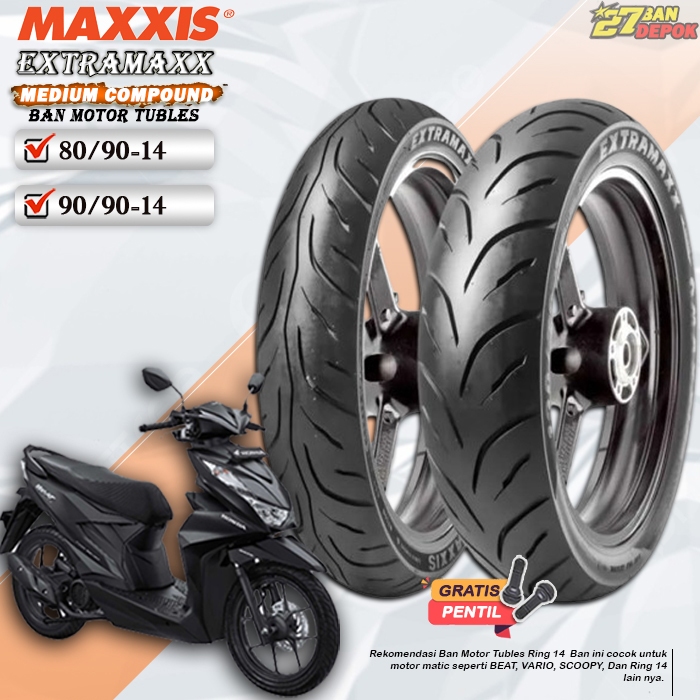 BAN DEPAN BELAKANG TUBLES MOTOR MATIC BEAT VARIO SCOOPY BAN TUBELESS MAXXIS EXTRAMAXX RING 14 TUBLES