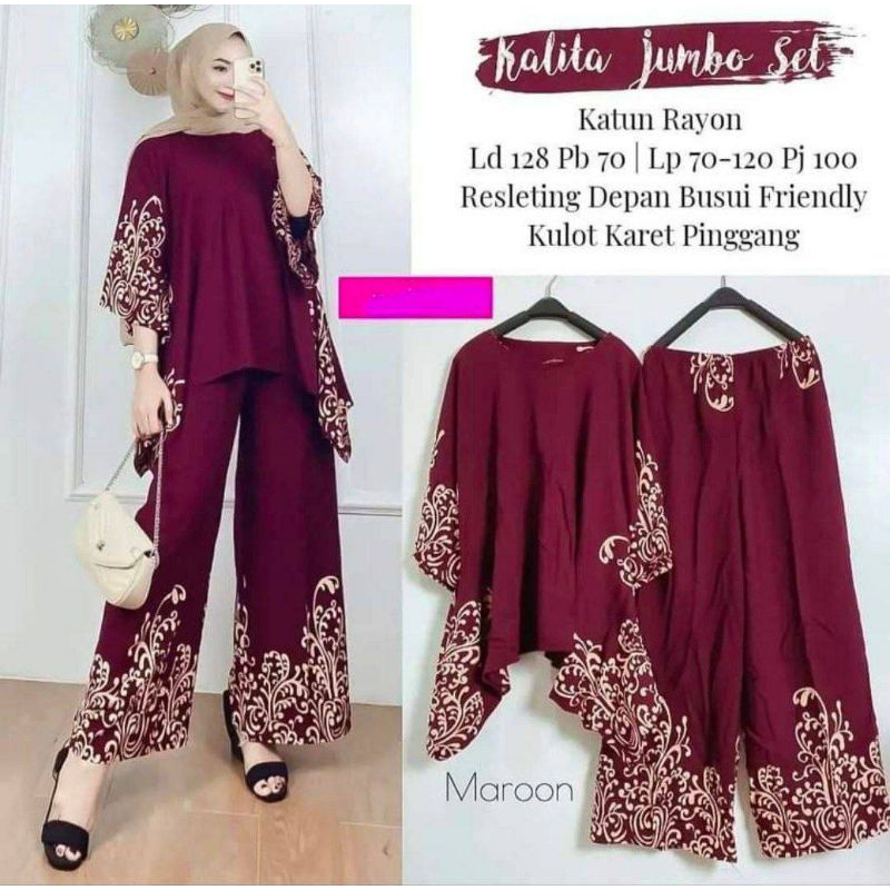 One Set Jumbo Motif Waka Kalita Oneset Setelan Baju Celana Panjang One Set Piyama One Set Wanita One