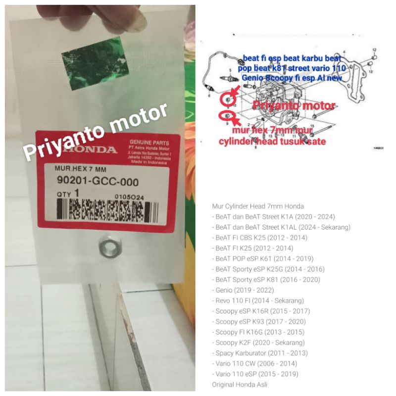 90201-GCC-000 mur hex 7mm mur cylinder head tusuk sate beat vario Scoopy spacy Genio original