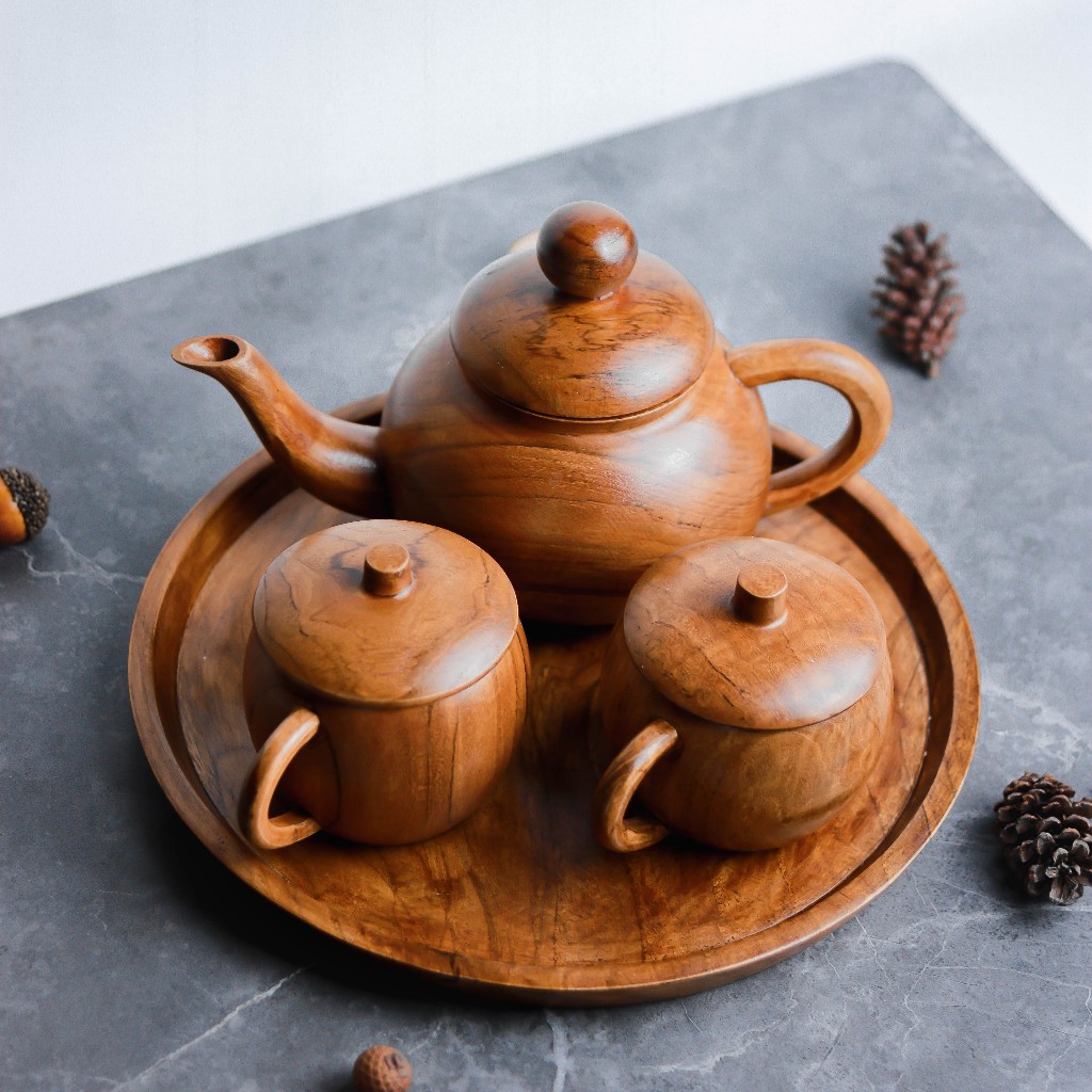 Suradi Perlengkapan Set Teh Kayu Jati/ Wooden tea set equipment/ Teko Kayu Jati/ Cangkir Kayu Jati
