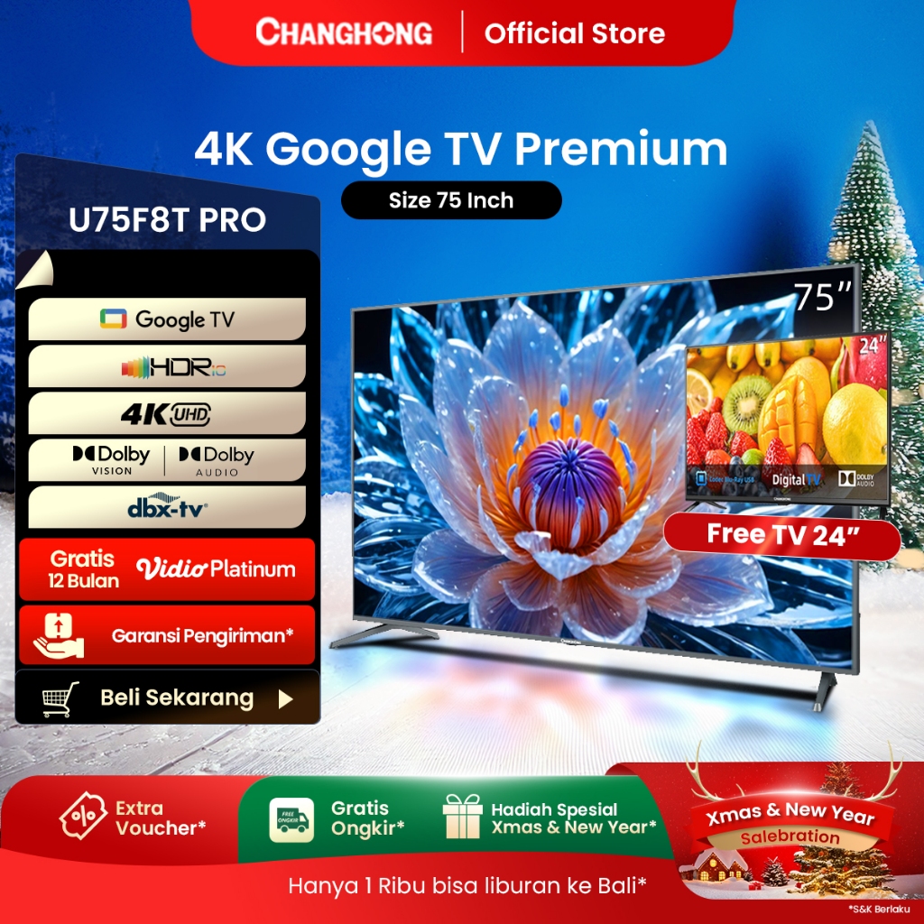 【Beli TV Gratis TV】Google TV Changhong 75 Inch 4K  UHD Smart Digital LED TV-Google Assistant-UHD-Wif