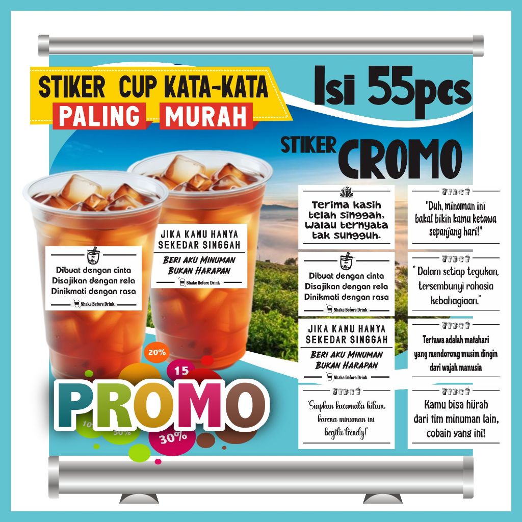 

STIKER KATA-KATA TERLARIS ISI 55pcs BUAT CUP MINUMAN, STIKER CROMO, STIKER CUP MINUMAN