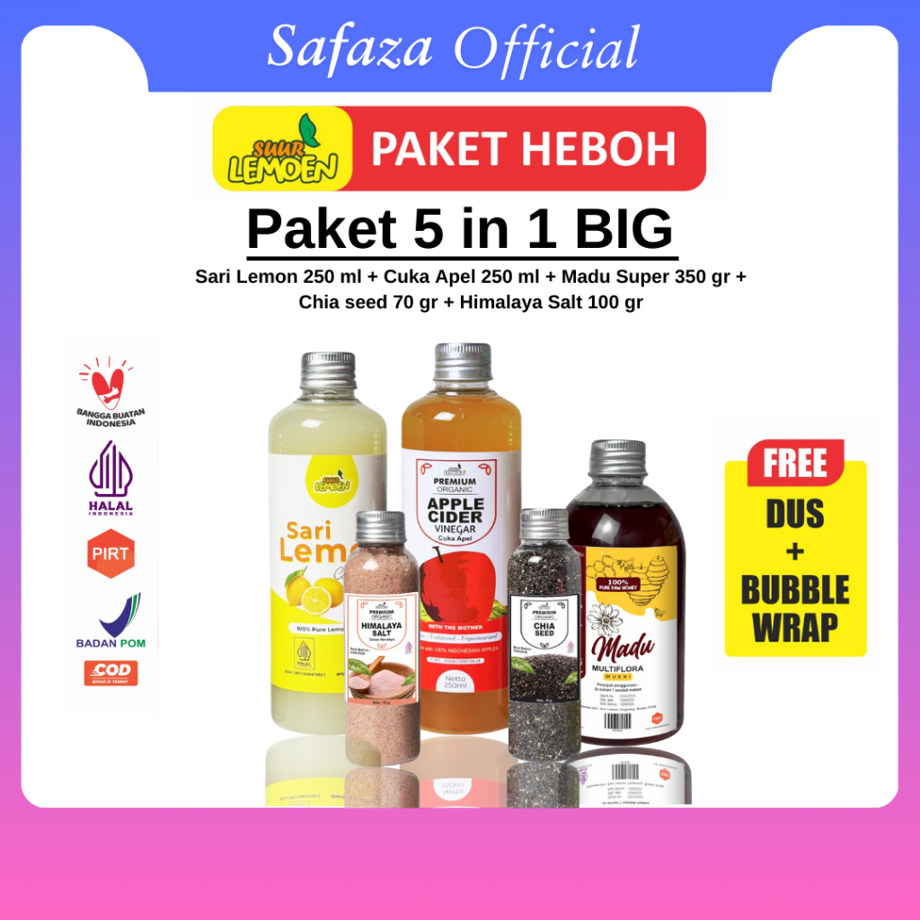 

Paket Diet Detox 5in1 Paket Hemat Cuka Apel Sari Lemon ChiaSeed Madu Hutan Garam Himalaya-BPOM HALAL