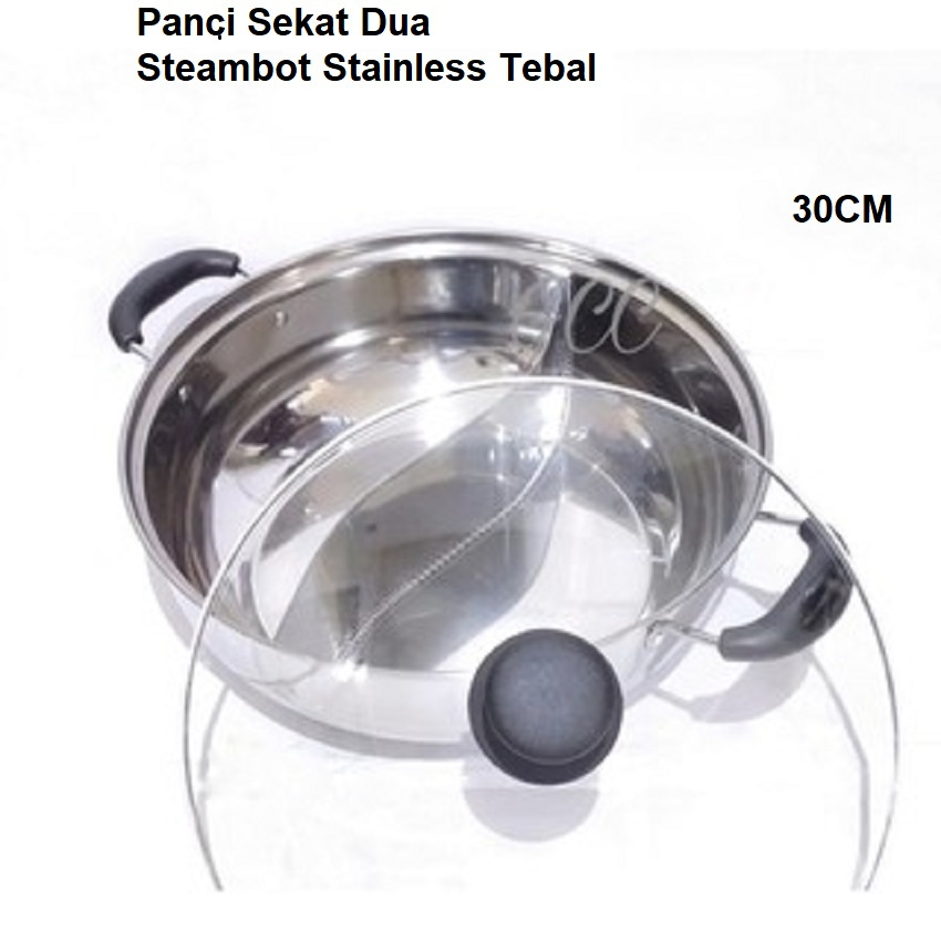 Panci Shabu STainless Steel Tebal Steambot 30cm Tutup Kaca Panci Sukiyaki Pot