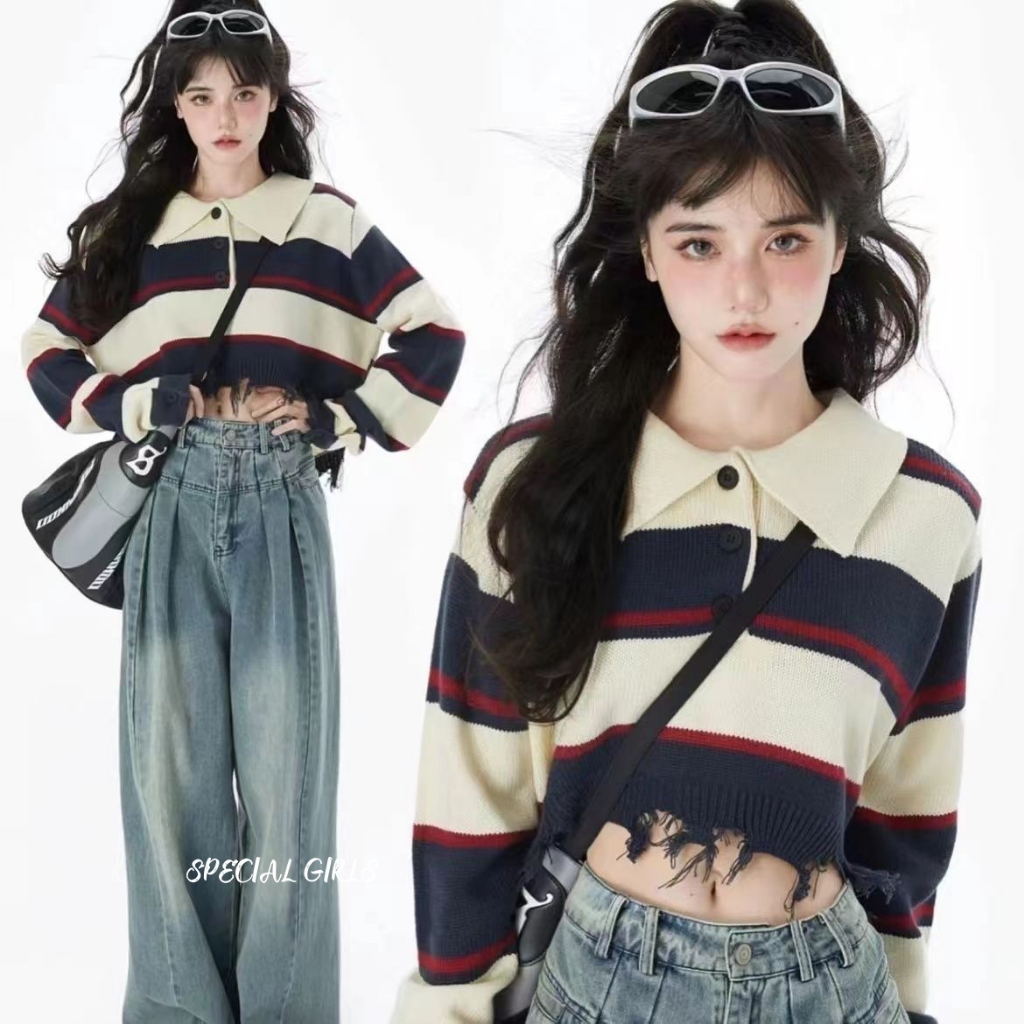 KAOS STRIPE WANITA KOREA SWEATER RAJUT WANITA