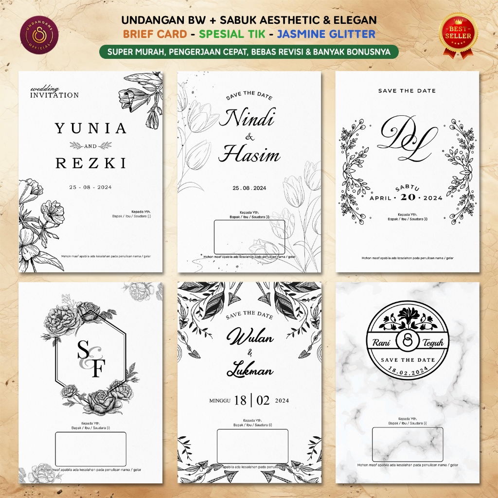 UNDANGAN PERNIKAHAN MONOKROM, SIMPLE, AESTHETIC, HITAM PUTIH, MURAH, ELEGAN H3