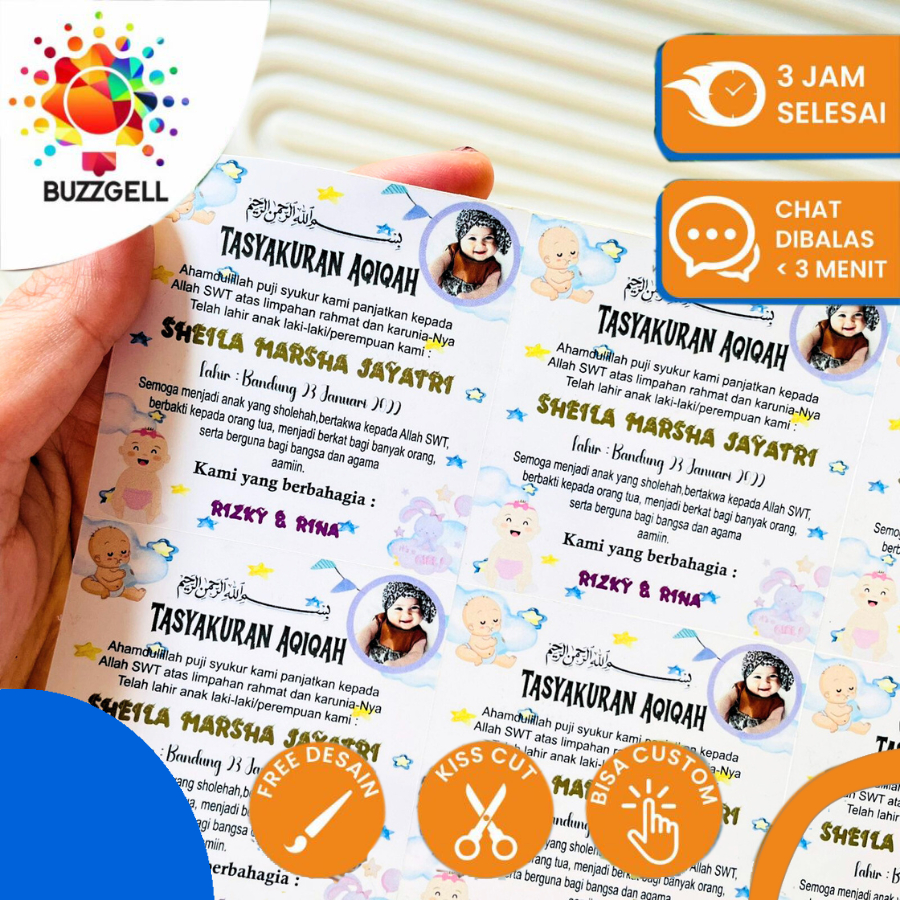 

2-4 Buzzgell Custom Sticker Tasyakuran Aqiqah Bayi Stiker Syukuran Ikkah Iqqah Anak Bentuk Kotak