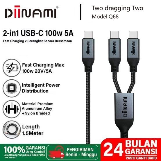 DIINAMI Q68 & Q69 Speedy  Kabel nylon super Fast Charging 2-in-1 2in1 100W  (type c to ligthing + ty