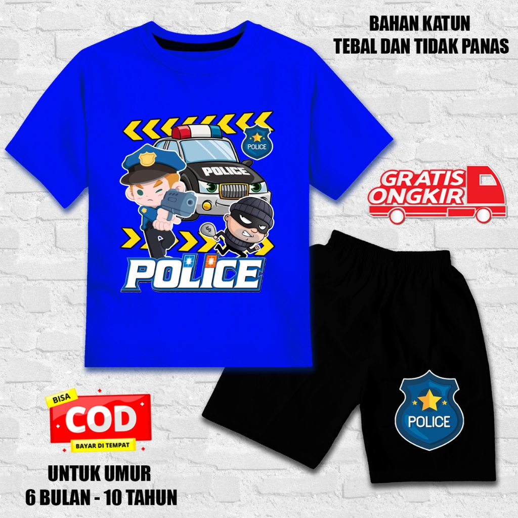 Setelan lengan pendek anak laki laki perempuan set kaos anak katun dtf celana hitam polisi