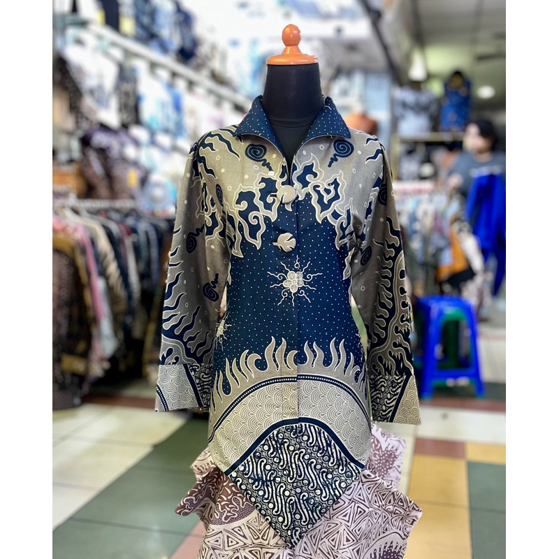 Rendy batik/ arsyi batik, batik wanita bahan katun lapisan trikot  warna biru dongker kombinasi abu 