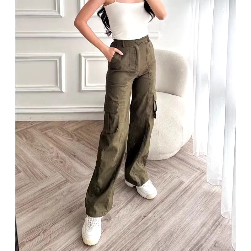 Celana Wanita Rora Cargo Pants Bahan Katun Twill Stretch Melar Highwaist Loose Korean Jumbo