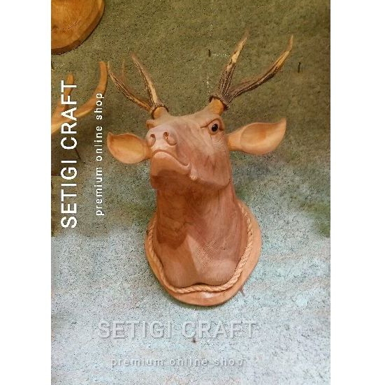 Hiasan Dinding Patung Kepala Rusa Kayu JATI Tanduk Fiber