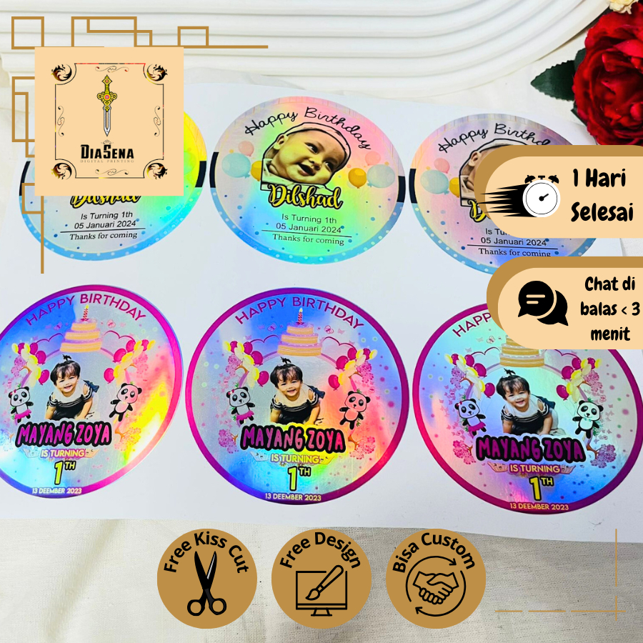 

5-8 Sticker Gold / Silver Ulang Tahun Anak Sticker Label Undangan Happy Birthday Uk.Sedang Diasena