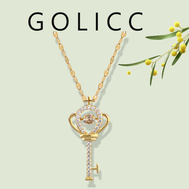 GoLicc - Kalung Wanita, 17K Gold Kalung Kunci Mahkota Moissanite, Kalung Liontin