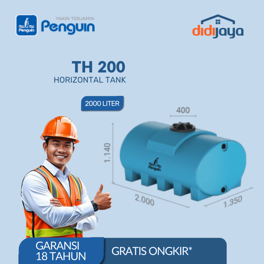 Tandon Air Horizontal Penguin TH 200 2000 Liter | Toren Air | Tangki Air Horizontal Penguin