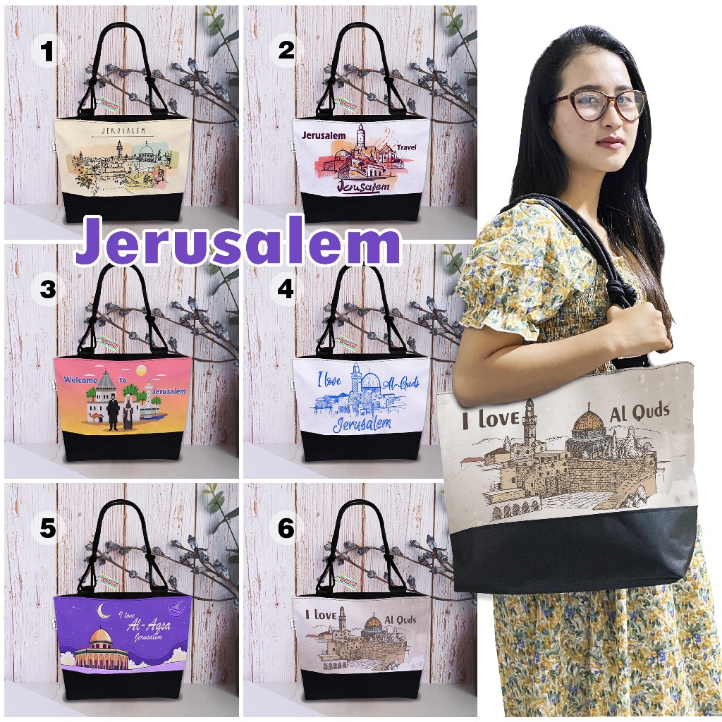 TAS JERUSALEM, TAS SOUVENIR MODEL TOTE BAG TALI SUMBU 6 MOTIF SIAP KIRIM 001