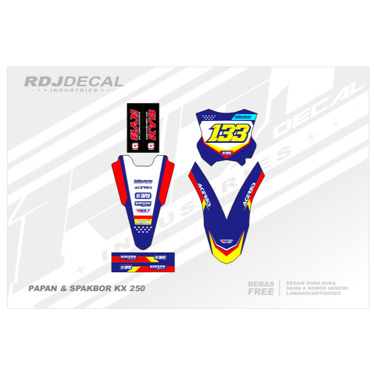 DECAL STICKER PAPAN KX 250F (005) DEKAL STIKER SPAKBOR DEPAN BELAKANG KX 250 F HITAM BIRU PUTIH KUNI