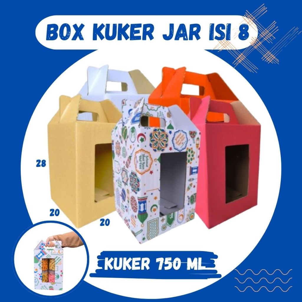 

Box 20x20x28 Jinjing (KUKER TOPLES JAR 750ml ISI 8) Kardus Idul Fitri Lebaran Hampers/Ied Mubarak/Box Boneka/Hampers Kue Kering