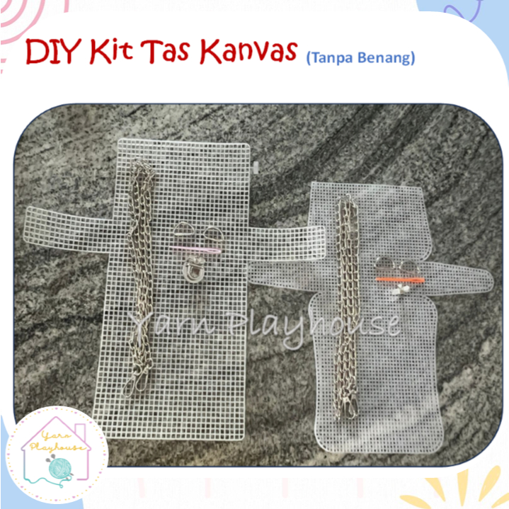 DIY Kit Tas Kanvas Plastik Tanpa Benang paket craft plastic canvas bag yarn rantai magnet kunci tas 