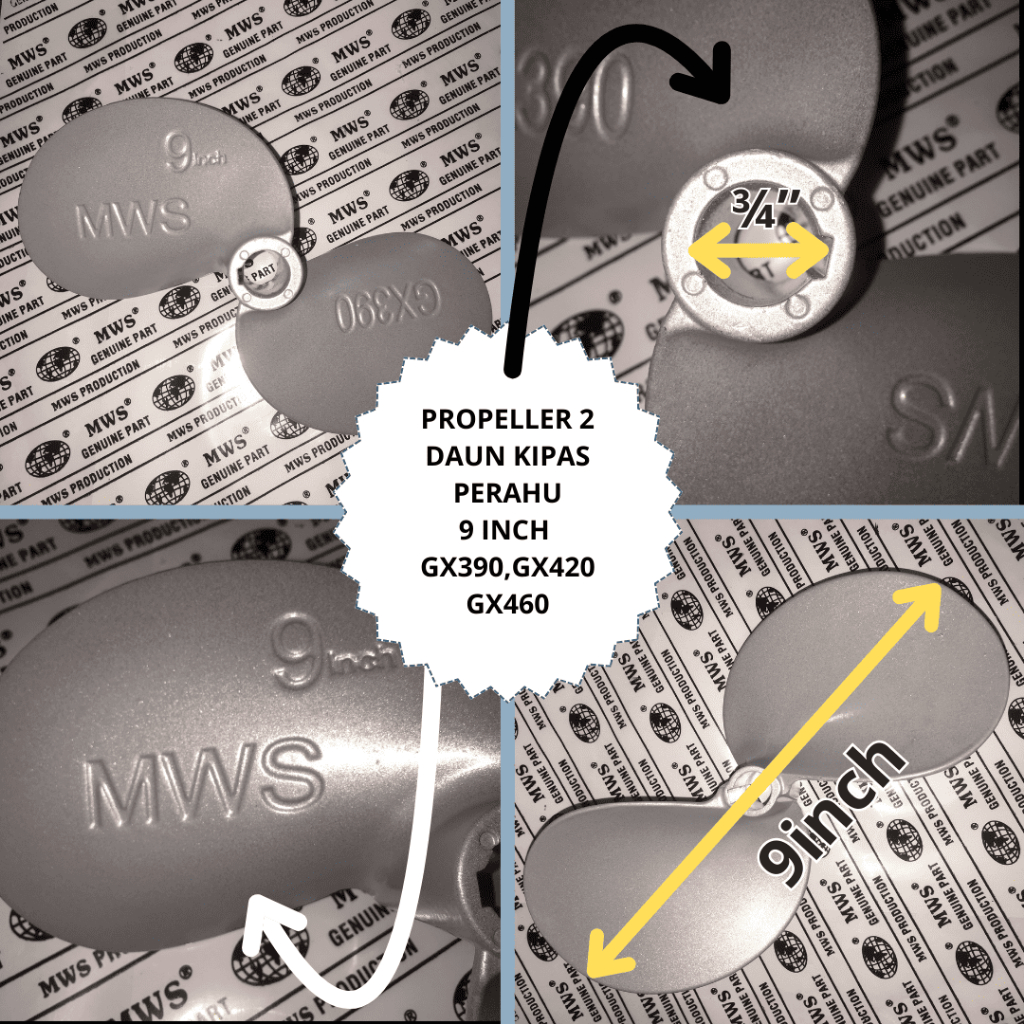 GX270 GX390 GX420 GX460 9INCH 9" LUBANG AS 3/4" PROPELLER ALUMUNIUM 2 DAUN KIPAS PERAHU BALING BALIN