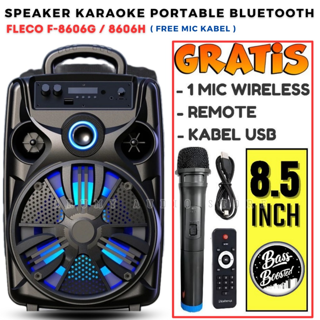 Speaker Karaoke Fleco F-8606g / 8606h - Speaker Bluetooth Bonus Mic Wireless Fleco F 8606 G Mini / 8