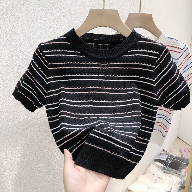 [Hallyu] Atasan Wanita Rajut Baju Lengan Pendek Croptop Salur Garis Garis | Atasan Rajut Import Prem