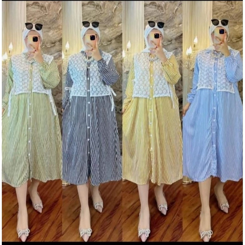 MIDI DRESS RENDA MOTIF SALUR GAMIS WANITA MUSLIMAH TERBARU