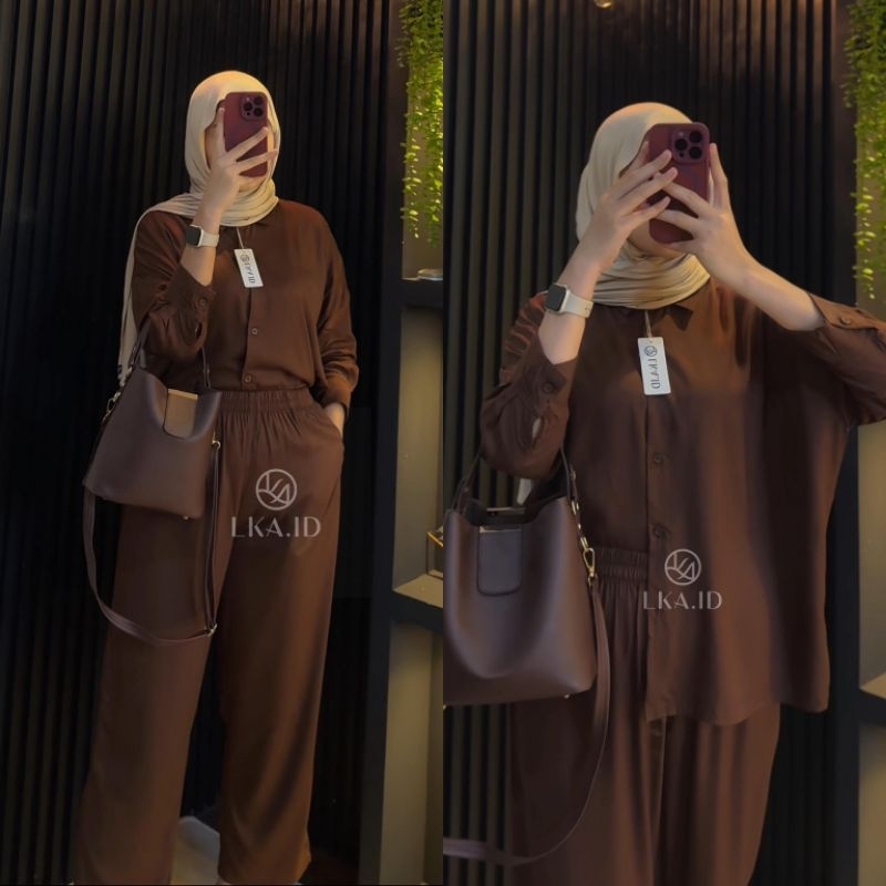 LKA One Set Polos Oversize Rayon Twill Premiun Setelan Kemeja Kulot Wanita Kekinian