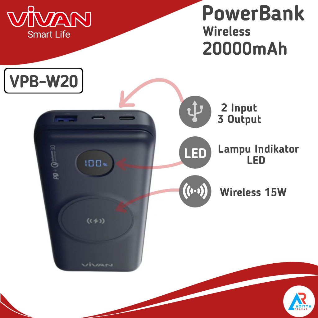 VIVAN VPB-W20 Powerbank 20000 mAh 22.5W Quick Charge Wireless Garansi Original