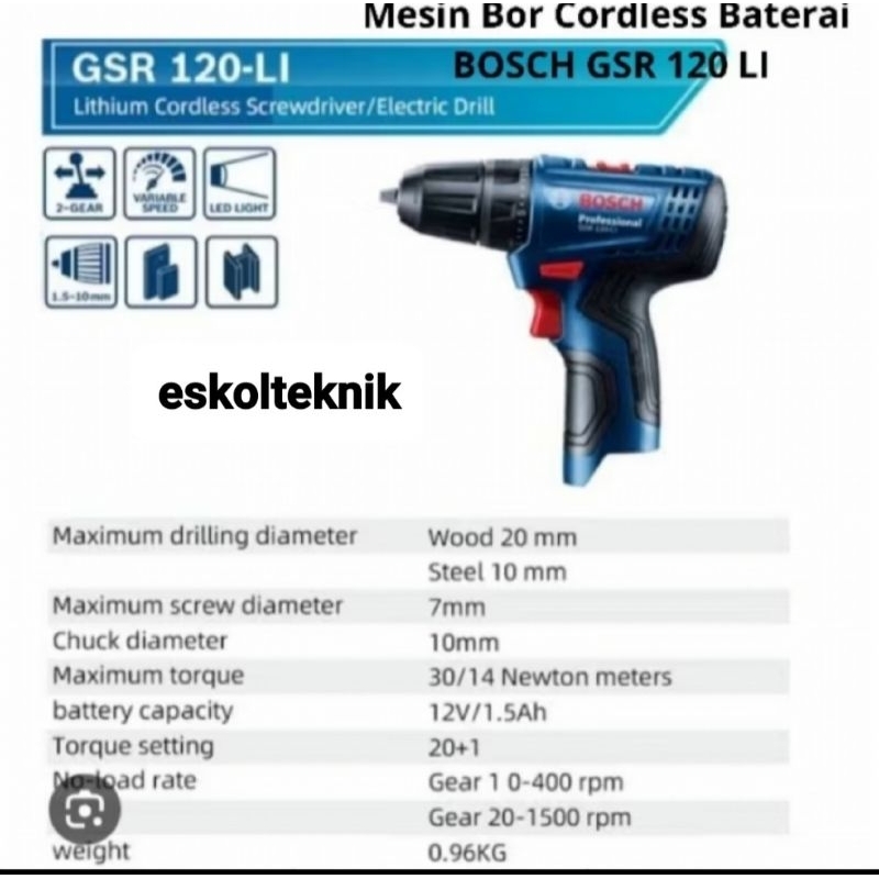 mesin bor cordless baterai 12v Bosch GSR 120 LI asli original