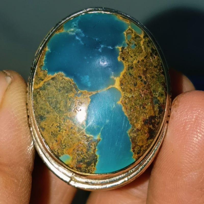 Batu Pirus Persia Biru Laut urat emas  Mantab Bodyglass Natural