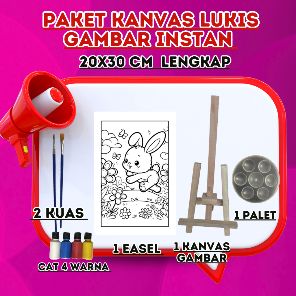 

Paket Kanvas Lukis gambar instan 20x30 cm lengkap cat, kuas, palet, dan easel