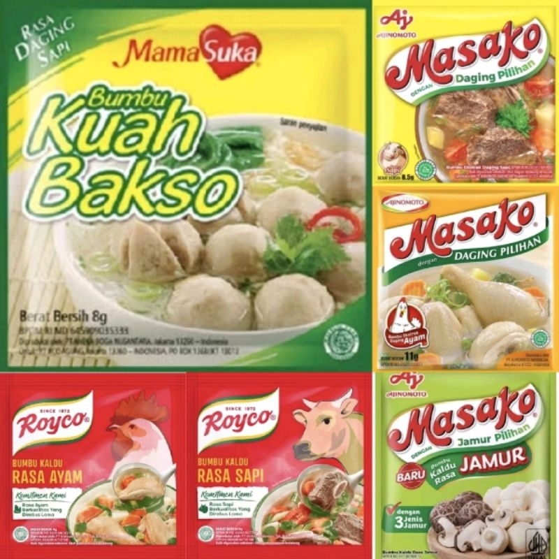 

Royco Ayam , Royco Sapi , Masako Ayam , Masako Sapi , Masako Jamur , Kuah Bakso 1rcg isi 12 sachet