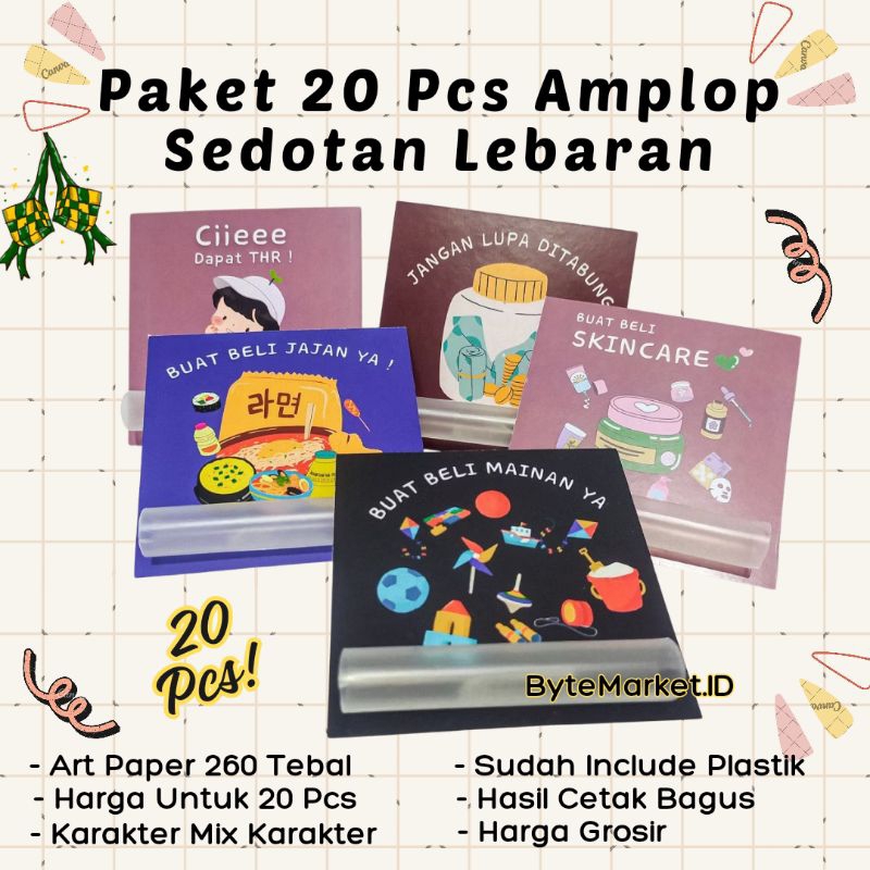 

20 Pcs Amplop Lebaran Unik Karakter Kartun Muslim/Harga Grosir /Sudah Include Plastik dan Sedotan/Amplop Sedotan Idul Fitri