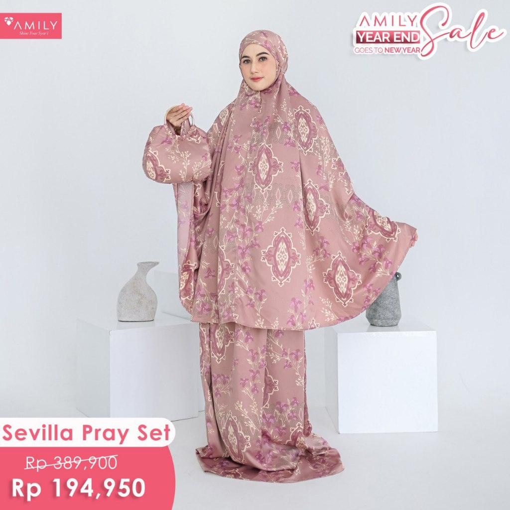 SEVILLA PRAY SET AMILY MUKENA SYARI CANTIK ALAT SHOLAT PREMIUM SILK SATIN MOTIF BUNGA MUKENA TRAVELL