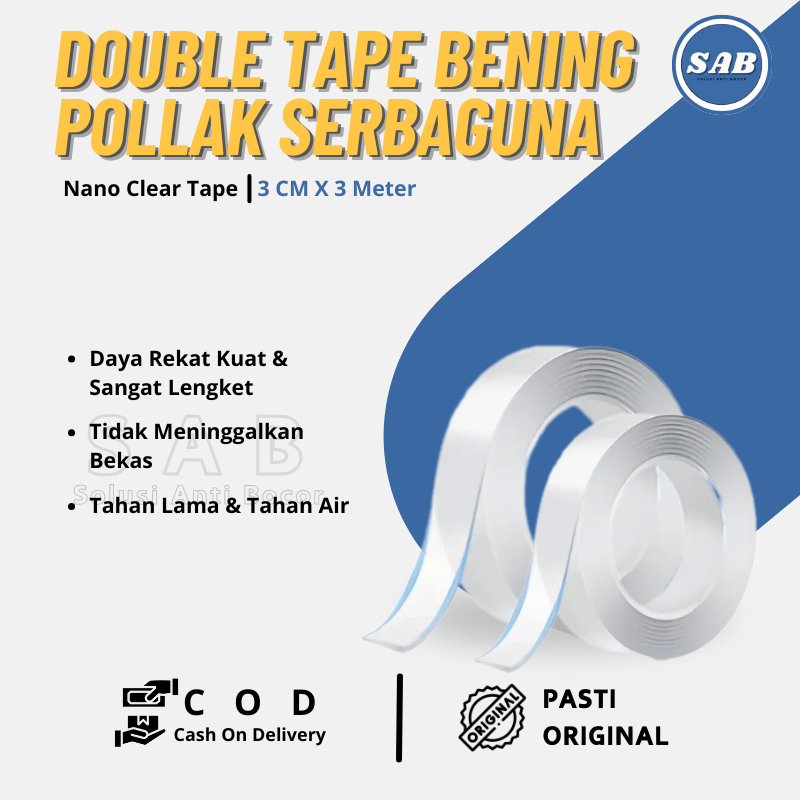 

Double Tape Bening Nano POLLAK 3Mtr x 2mm Super Kuat Lengket Tahan Air