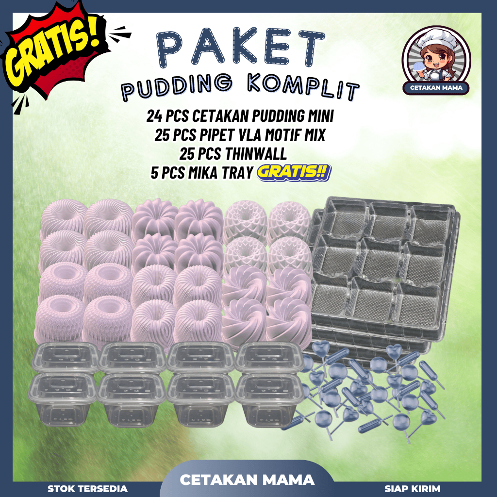 [PAKET PUDDING] 24 PCS Cetakan Pudding Mini Motif Mix+  + 25 PCS Pipet Vla Fla Motif Mix + 25 PCS Th