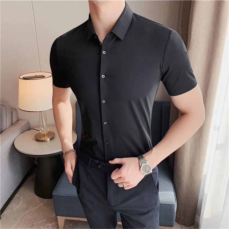 Kemeja Pria Elastis Lengan Pendek Hitam Polos Slim Fit Bahan Katun Hem Modern Cowok Premium Import