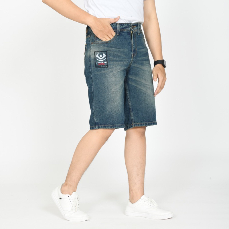 Celana jeans pria pendek bordir logo Underline Original denim tebal keren premkum slimfit