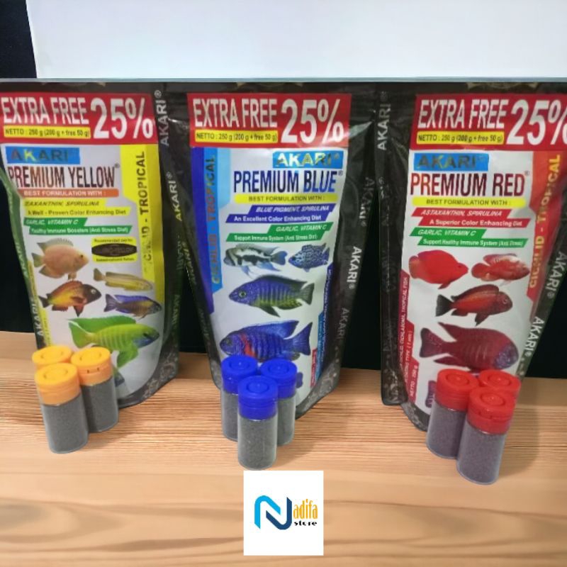 Pelet akari premium blue red yellow repack 1mm / pelet akari premium / pelet chana / pelet louhan