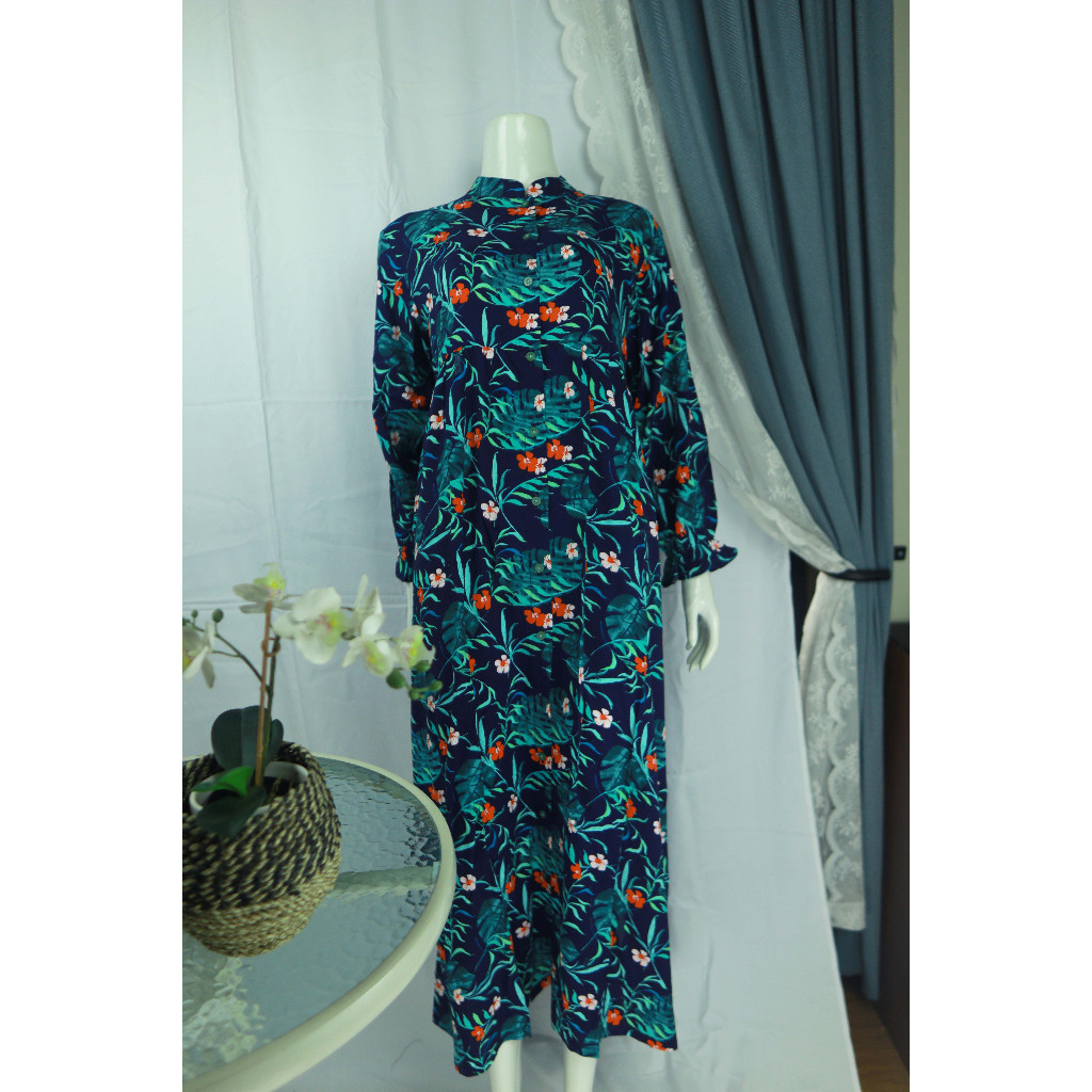 Dress Motif Bunga Lengan Panjang | Lovi dress motif bunga hijau lengan panjang